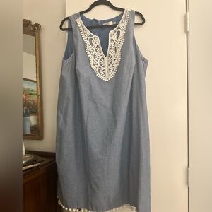 Eliza J Linen Chambray Shift Dress with Pom Pom Trim 2x